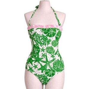 Vintage Lilly Pulitzer Rita Green White Pink 1 Piece Swimsuit Removable Straps 6
